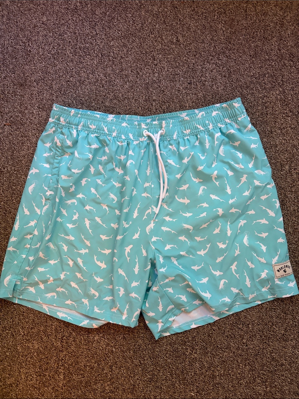 Men's Teal Shark Print Swim Trunks - Unbranded
